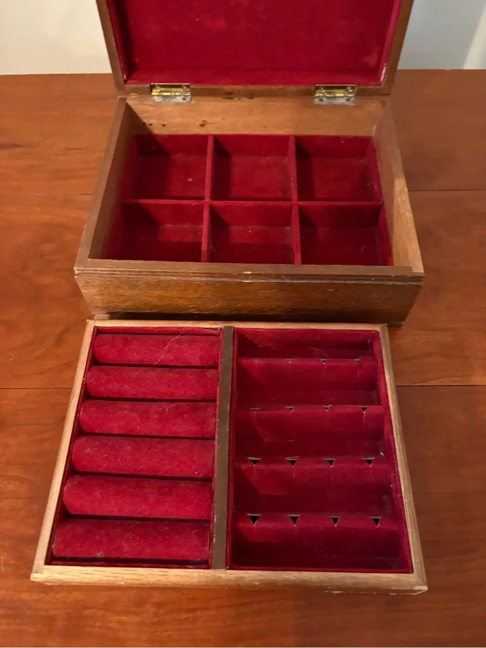 Wooden Jewelry Box Tapestry Lid Red Velvet Mirror Organizer Japan